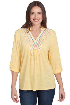 Bella Vista Lemon Embroidered Peasant Blouse