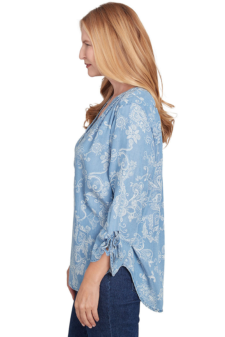 Petite Bandana Scroll Chambray Blouse