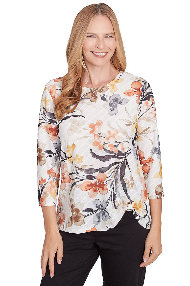 Watercolor Floral Diagonal Ribbed Top