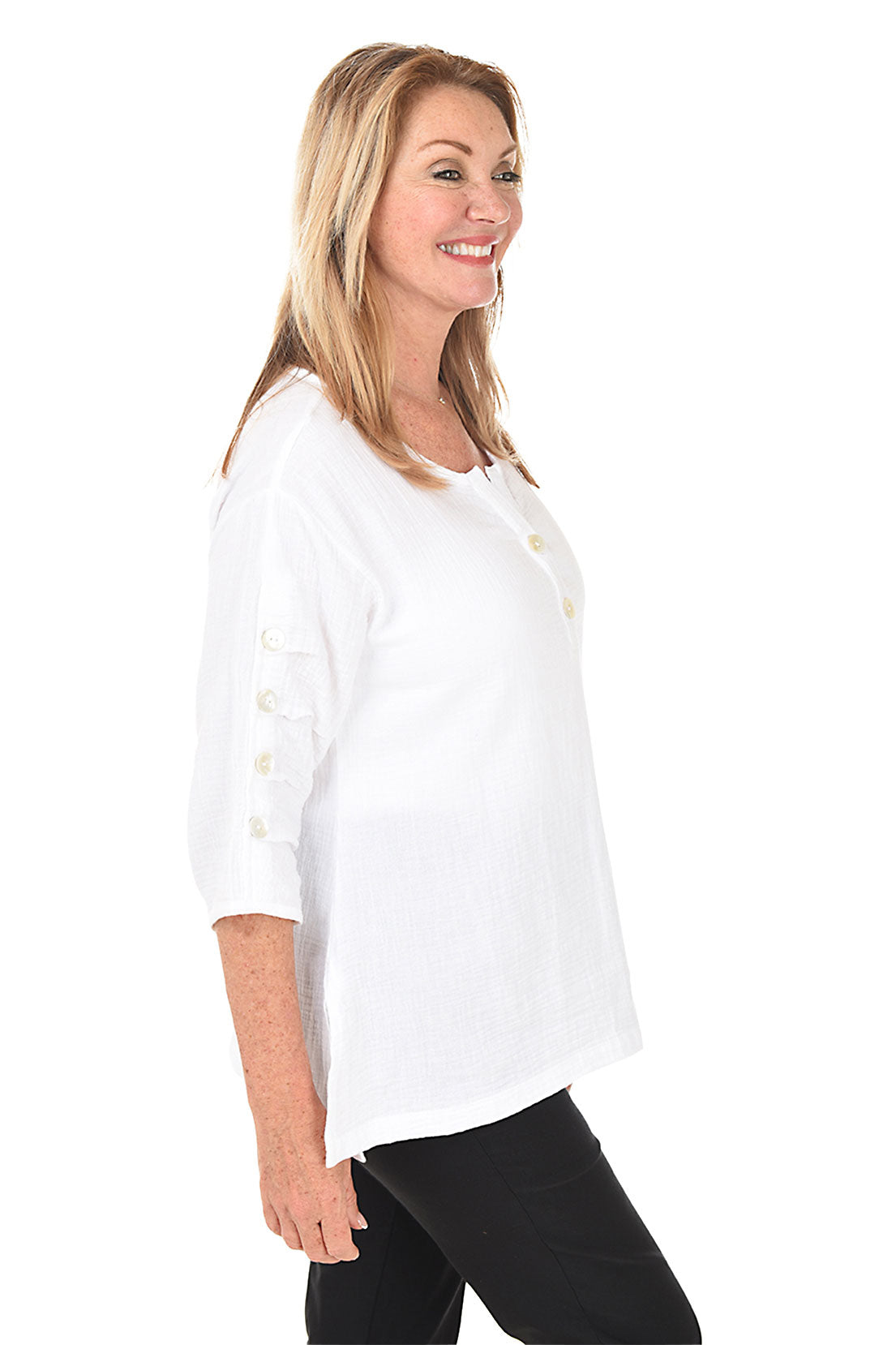 Bubble Gauze Button Sleeve Top