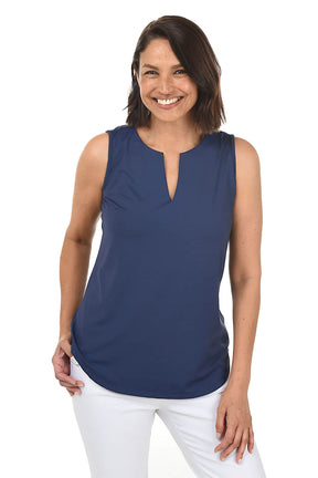 Solid UPF50+ Split Neck Sleeveless Top