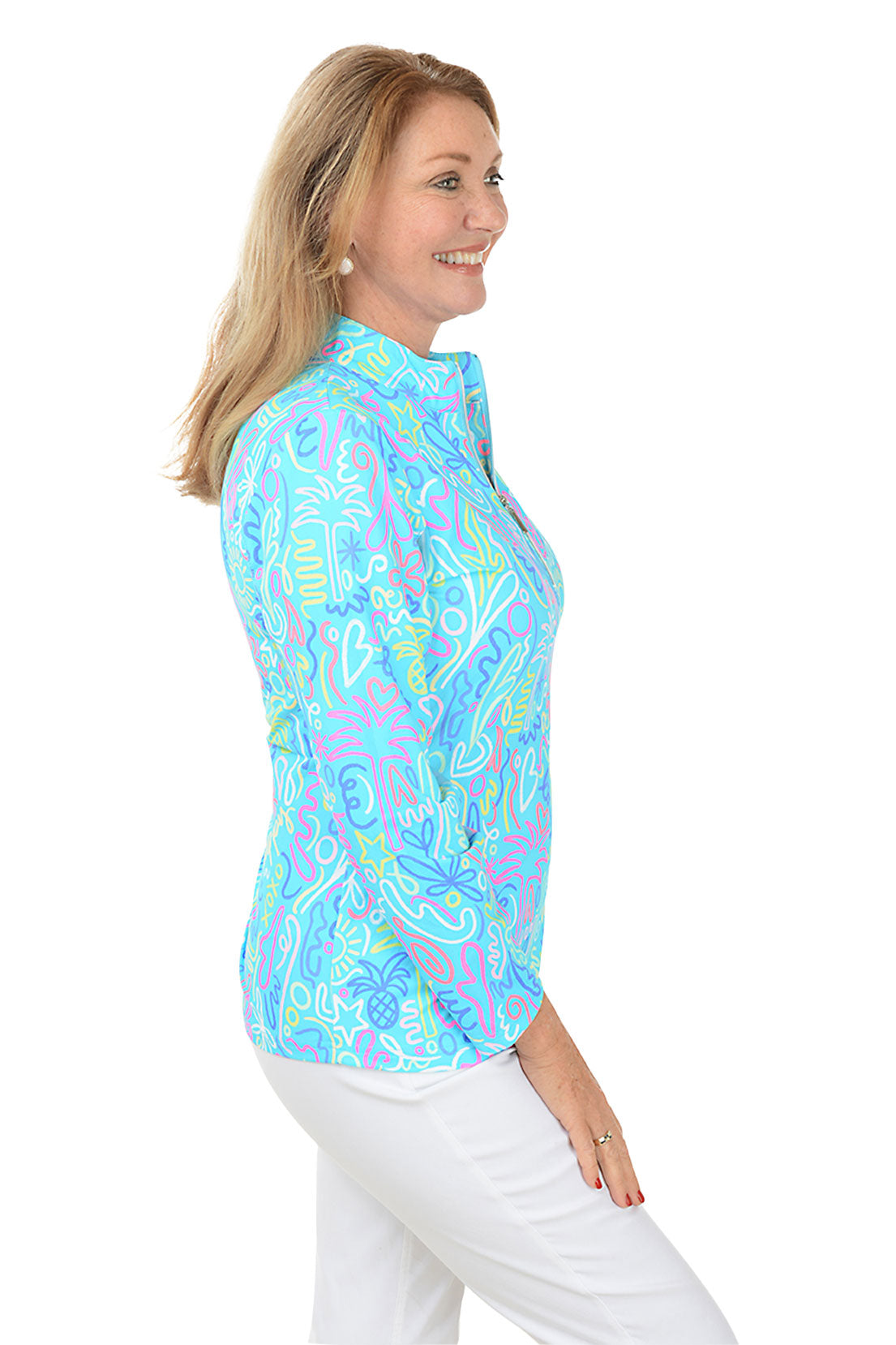 Blue Beach Drawings Cooling UPF50+ Mock Neck Top