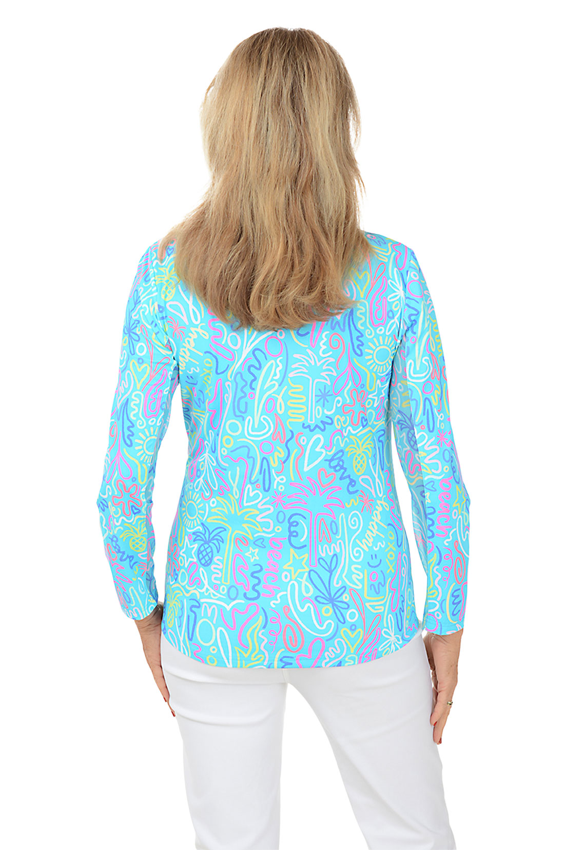 Blue Beach Drawings Cooling UPF50+ Mock Neck Top