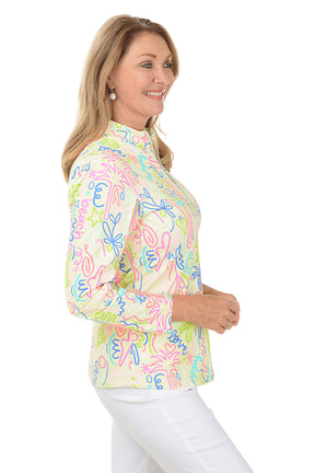 Yellow Beach Drawings Cooling UPF50+ Mock Neck Top