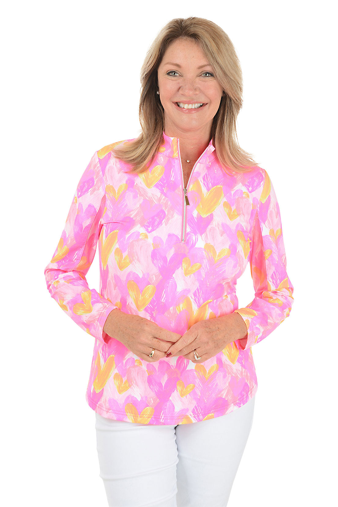 Pink Brushstroke Hearts Cooling UPF50+ Mock Neck Top