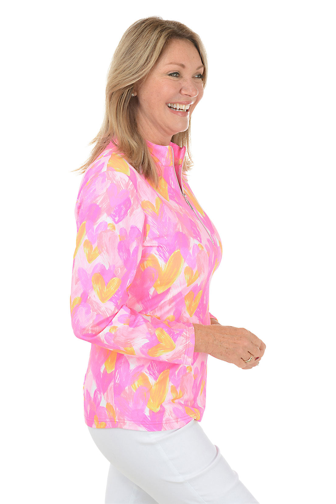 Pink Brushstroke Hearts Cooling UPF50+ Mock Neck Top