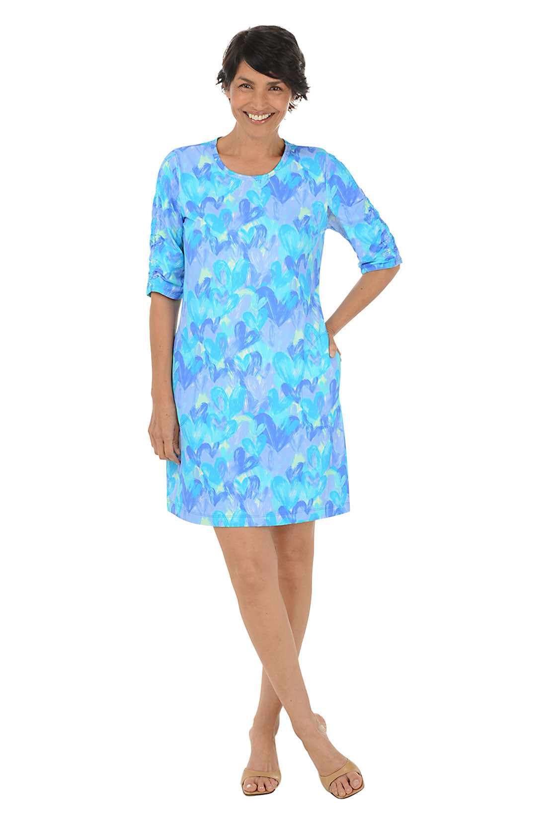 Brushstroke Hearts Cooling UPF50+ Ruched Sleeve Dress