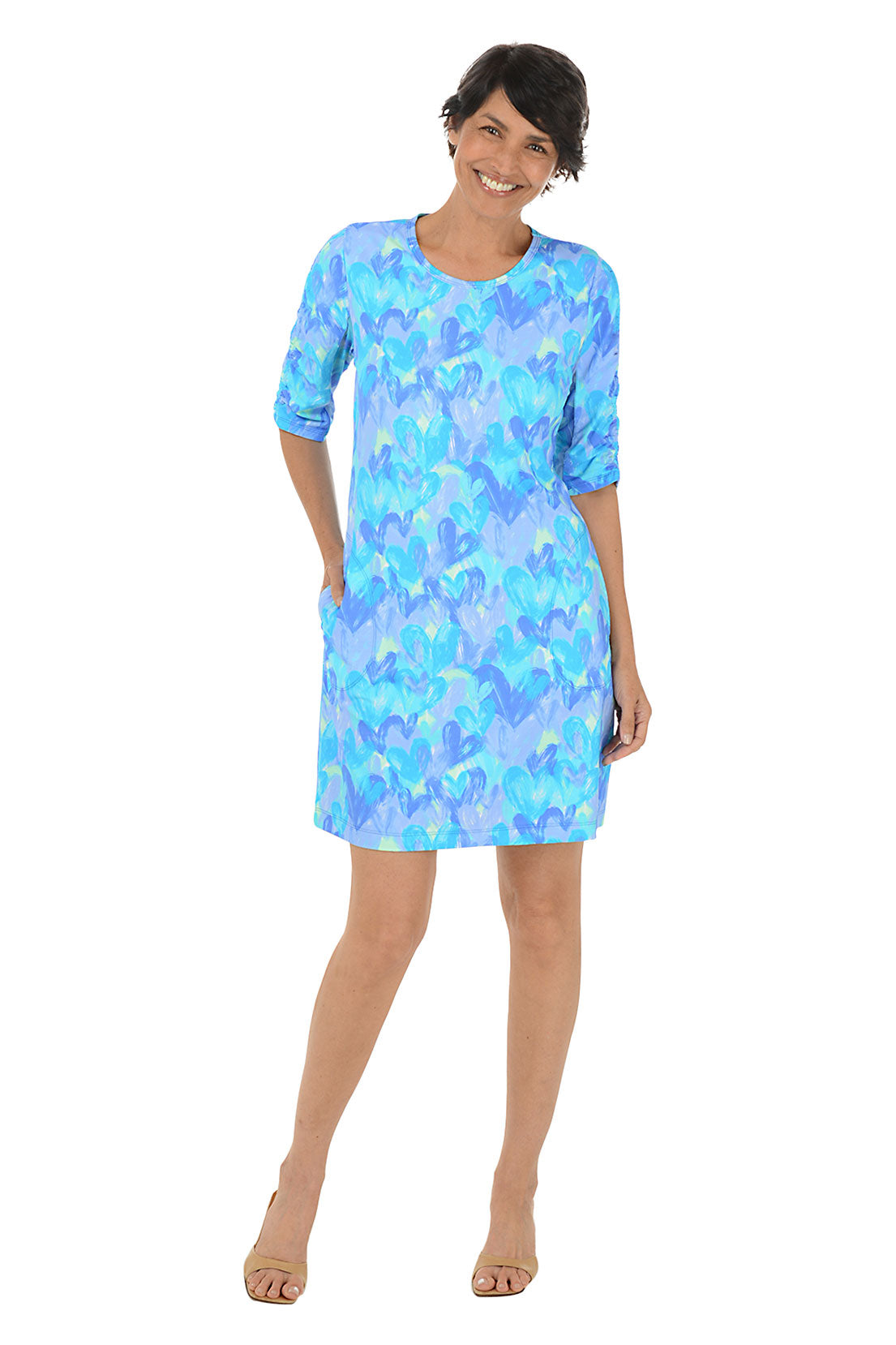 Brushstroke Hearts Cooling UPF50+ Ruched Sleeve Dress