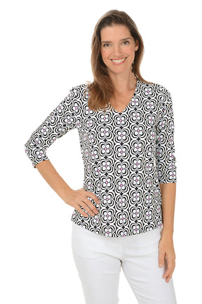 Black Optical Daisy Classic UPF50+ V-Neck Top