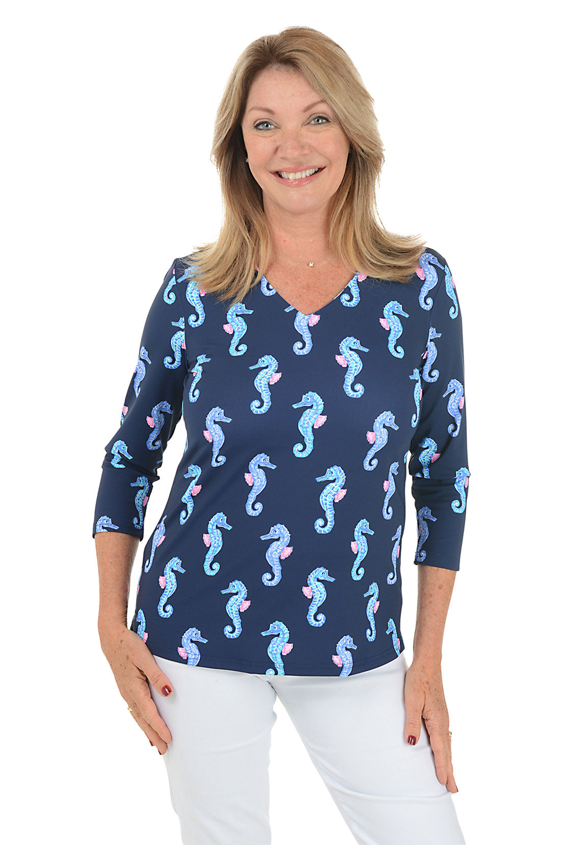 Navy Seahorses UPF50+ V-Neck Top