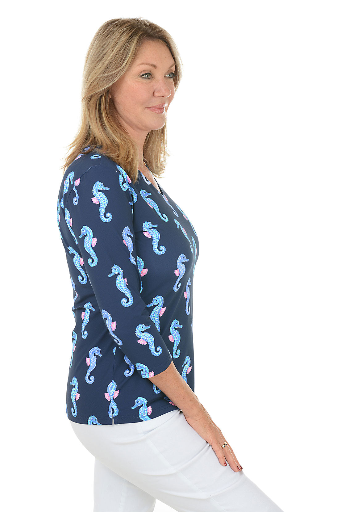 Navy Seahorses UPF50+ V-Neck Top