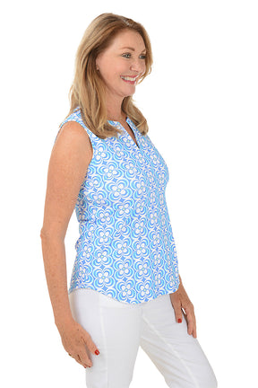 Periwinkle Optical Daisy UPF50+ Split Neck Sleeveless Top