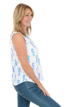 White Seahorses UPF50+ Split Neck Sleeveless Top