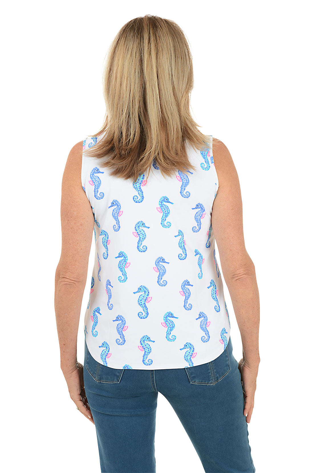 White Seahorses UPF50+ Split Neck Sleeveless Top