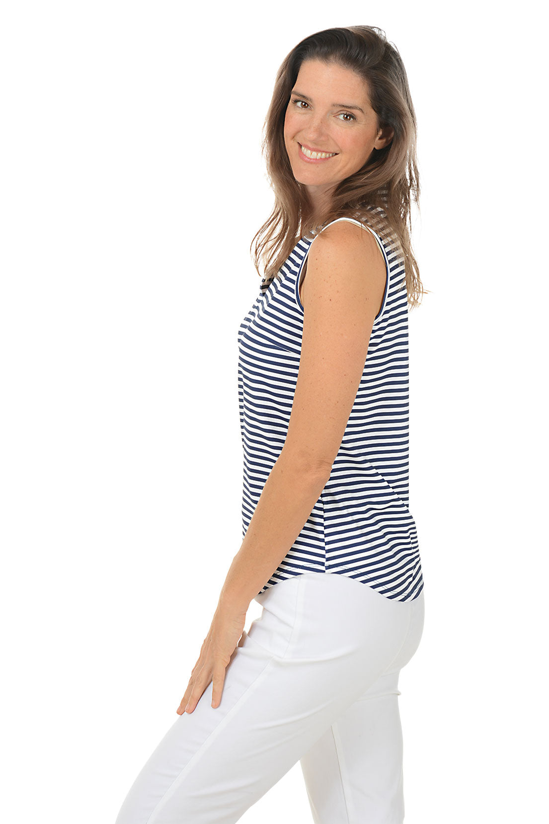 Navy Striped UPF50+ Split Neck Sleeveless Top