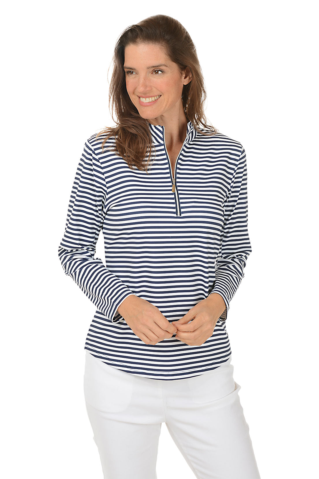 Navy Striped Mock Neck UPF50+ Top