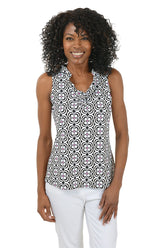 Black Optical Daisy UPF50+ Ruffle Sleeveless Top