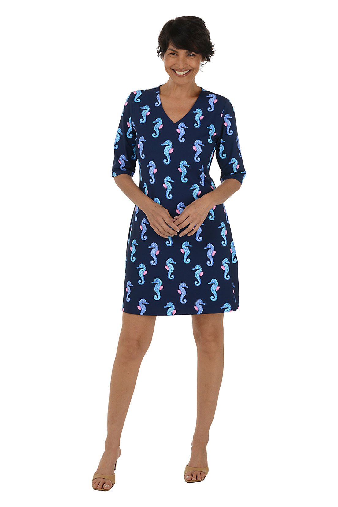 Navy Seahorses V-Neck UPF50+ Dress