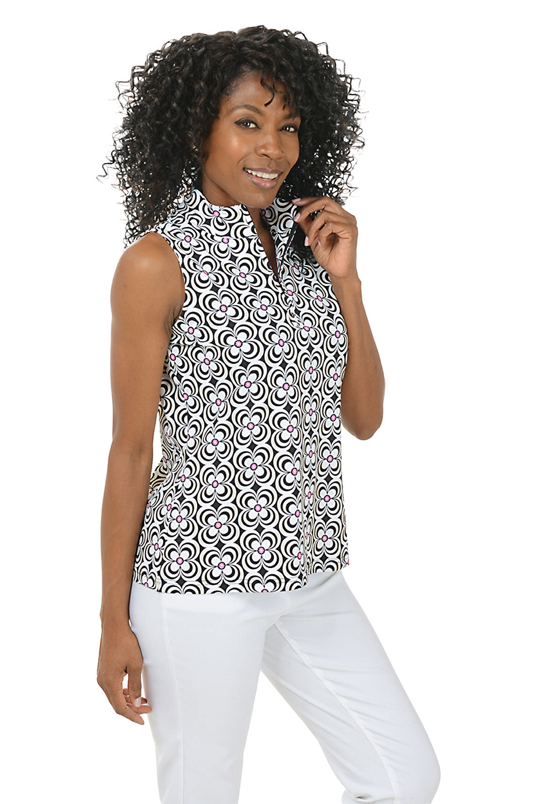 Black Optical Daisy UPF50+ Sleeveless Zip Top