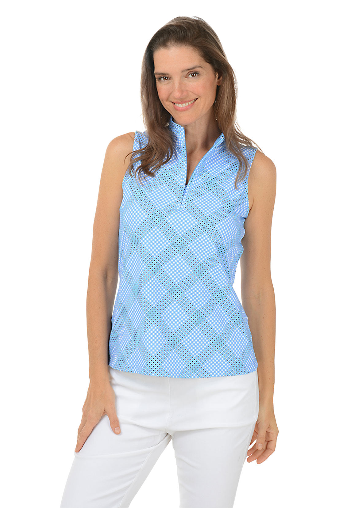 Diagonal Gingham UPF50+ Sleeveless Zip Top