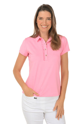 Solid Lizzie Ruffled Short Sleeve Polo Top