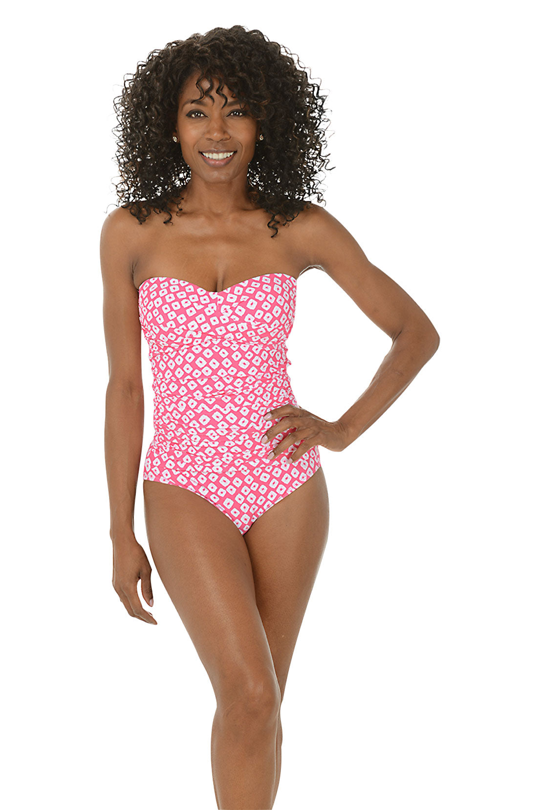 Pink Shibori Geo Shirred Bandeau Swimsuit