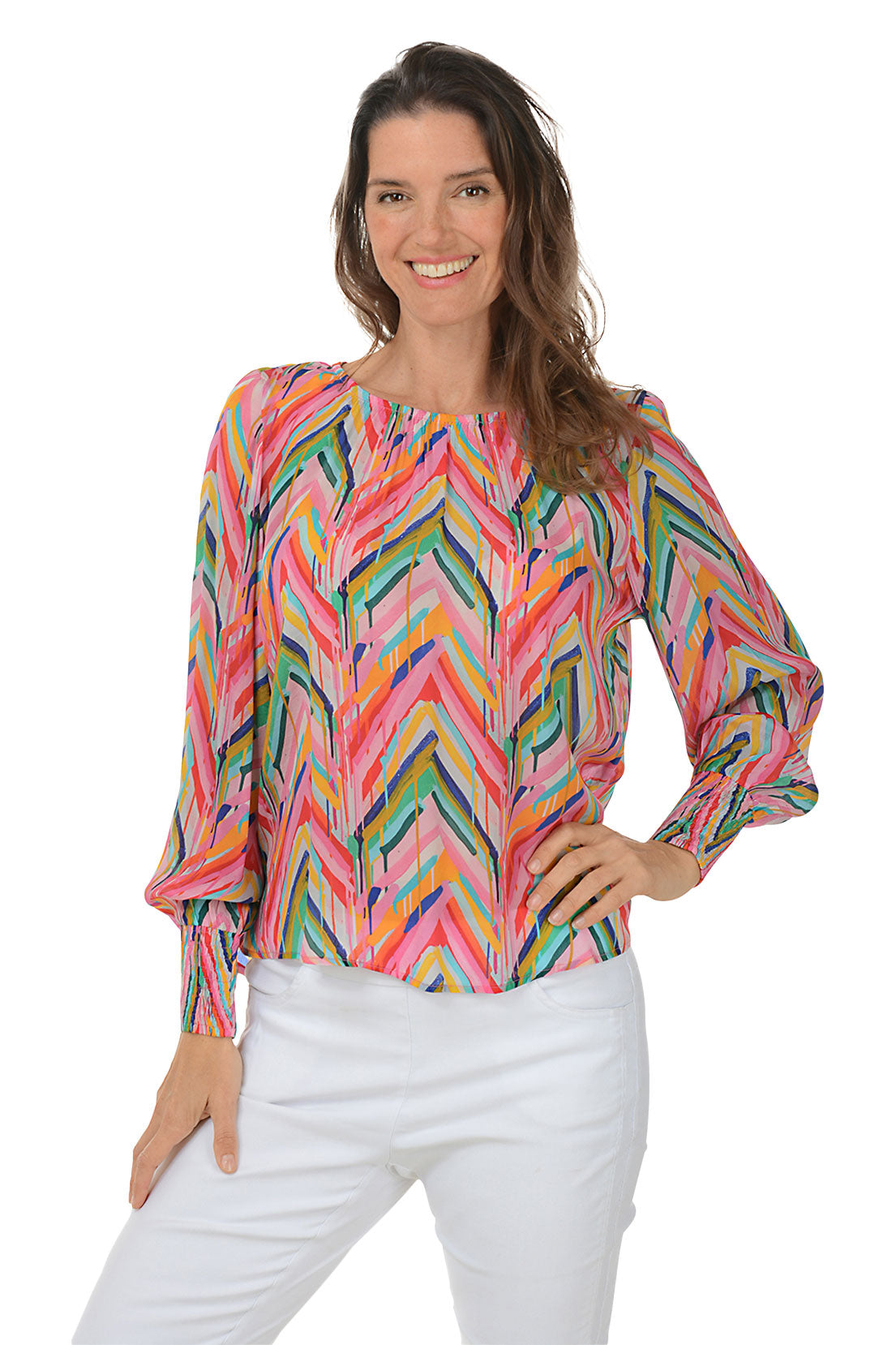 Rainbow Chevron Smocked Cuff Blouse