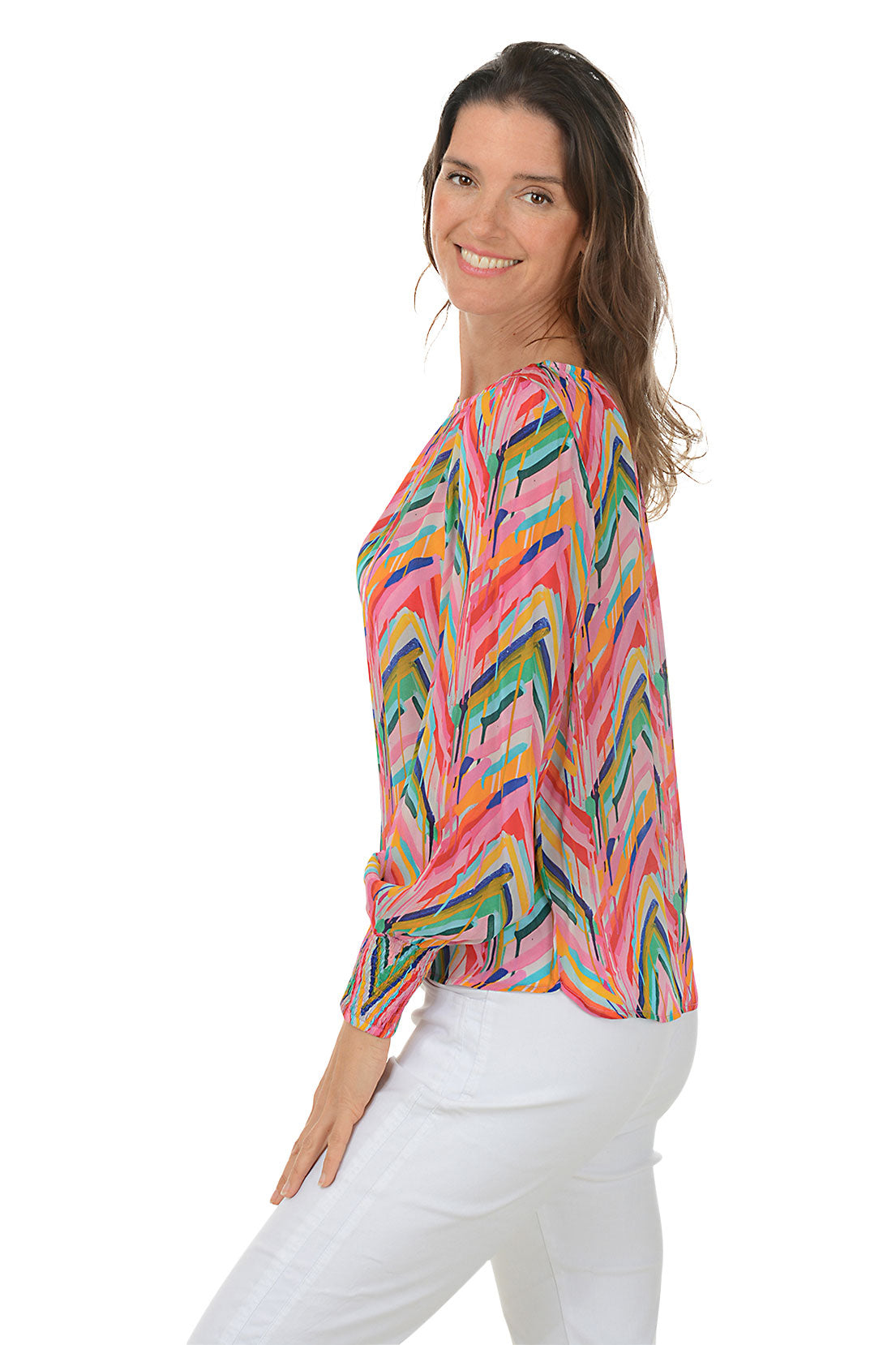 Rainbow Chevron Smocked Cuff Blouse