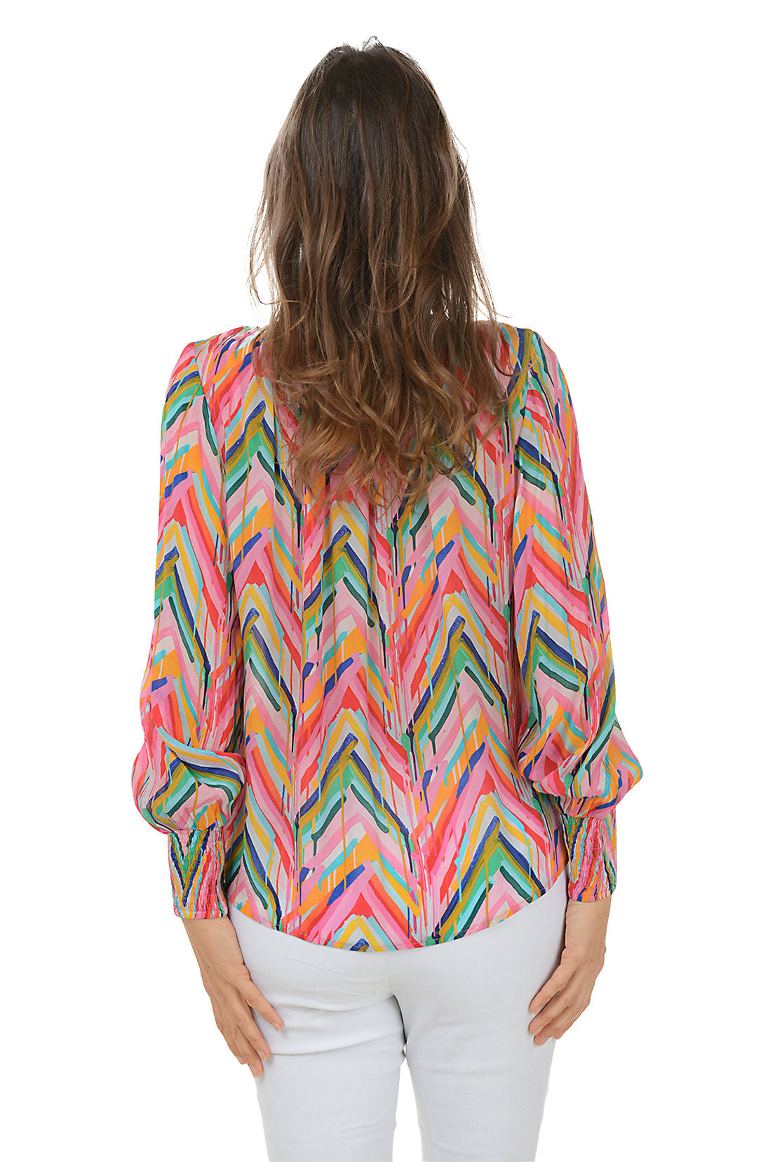 Rainbow Chevron Smocked Cuff Blouse