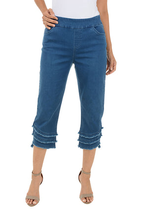 Curved Triple Fringe Denim Capri Pant