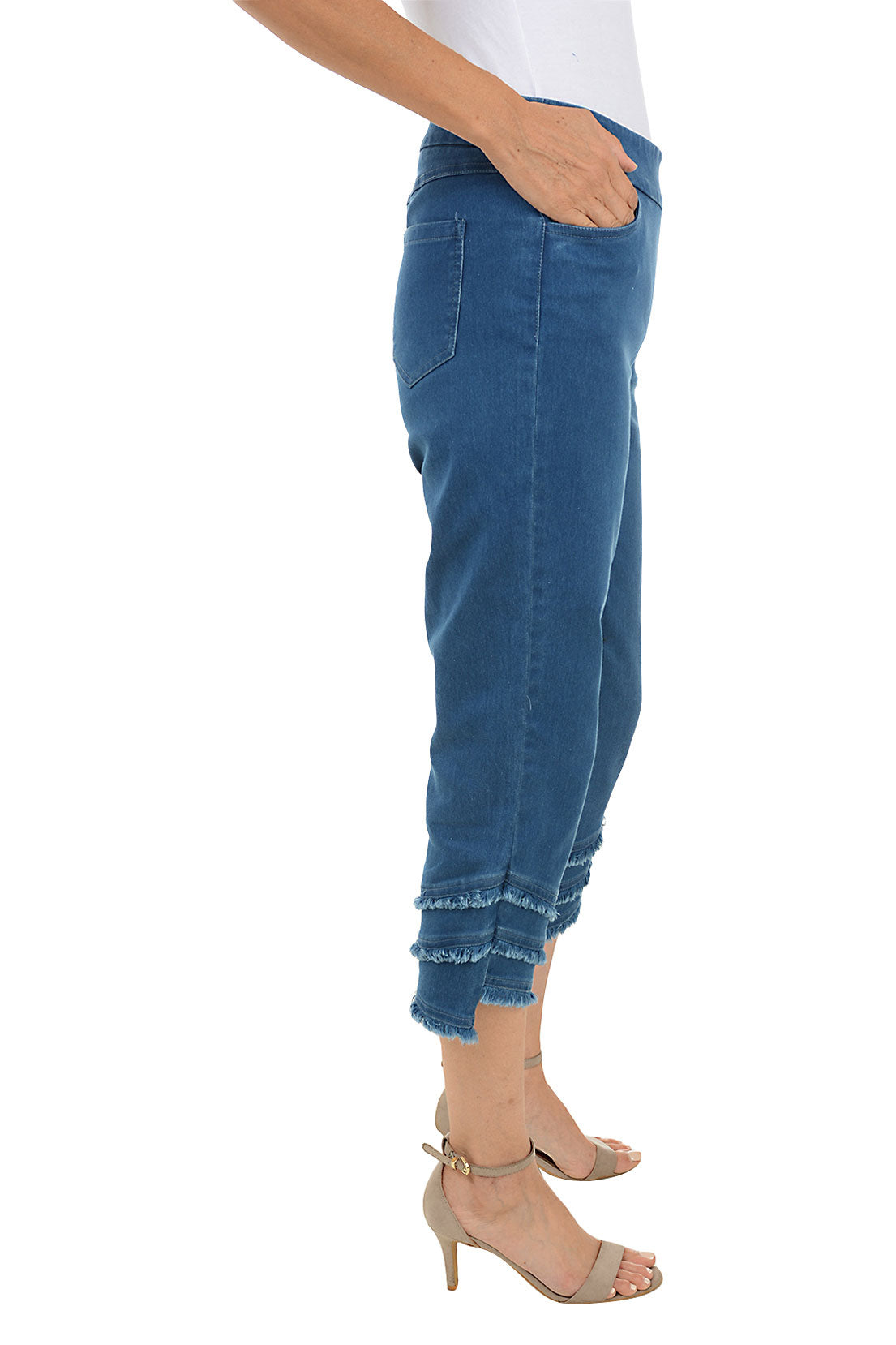 Curved Triple Fringe Denim Capri Pant