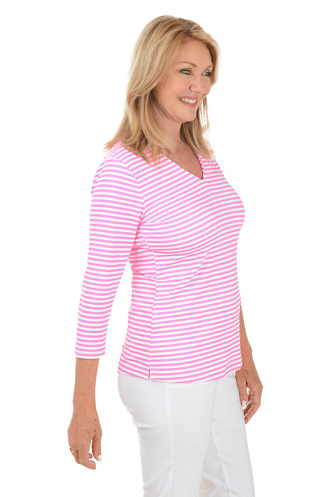 Pink Striped Classic UPF50+ V-Neck Top