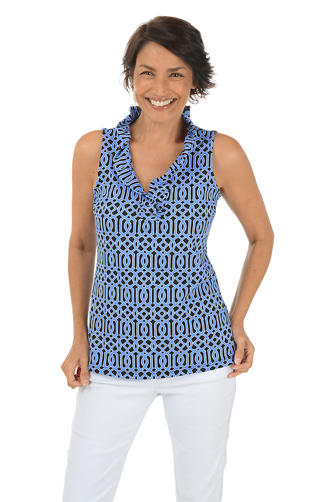 Sapphire Lattice UPF50+ Ruffle Sleeveless Top