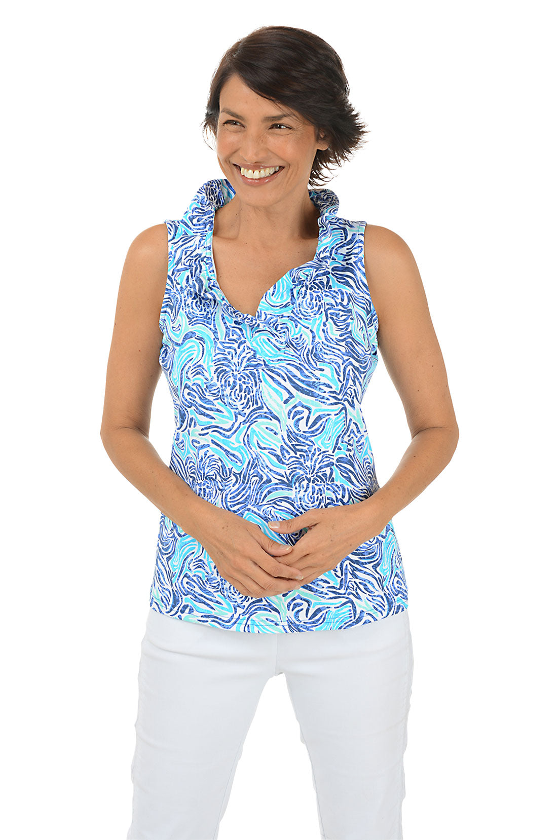 Blue Pineapple Zebra UPF50+ Ruffle Sleeveless Top