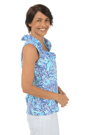 Blue Pineapple Zebra UPF50+ Ruffle Sleeveless Top