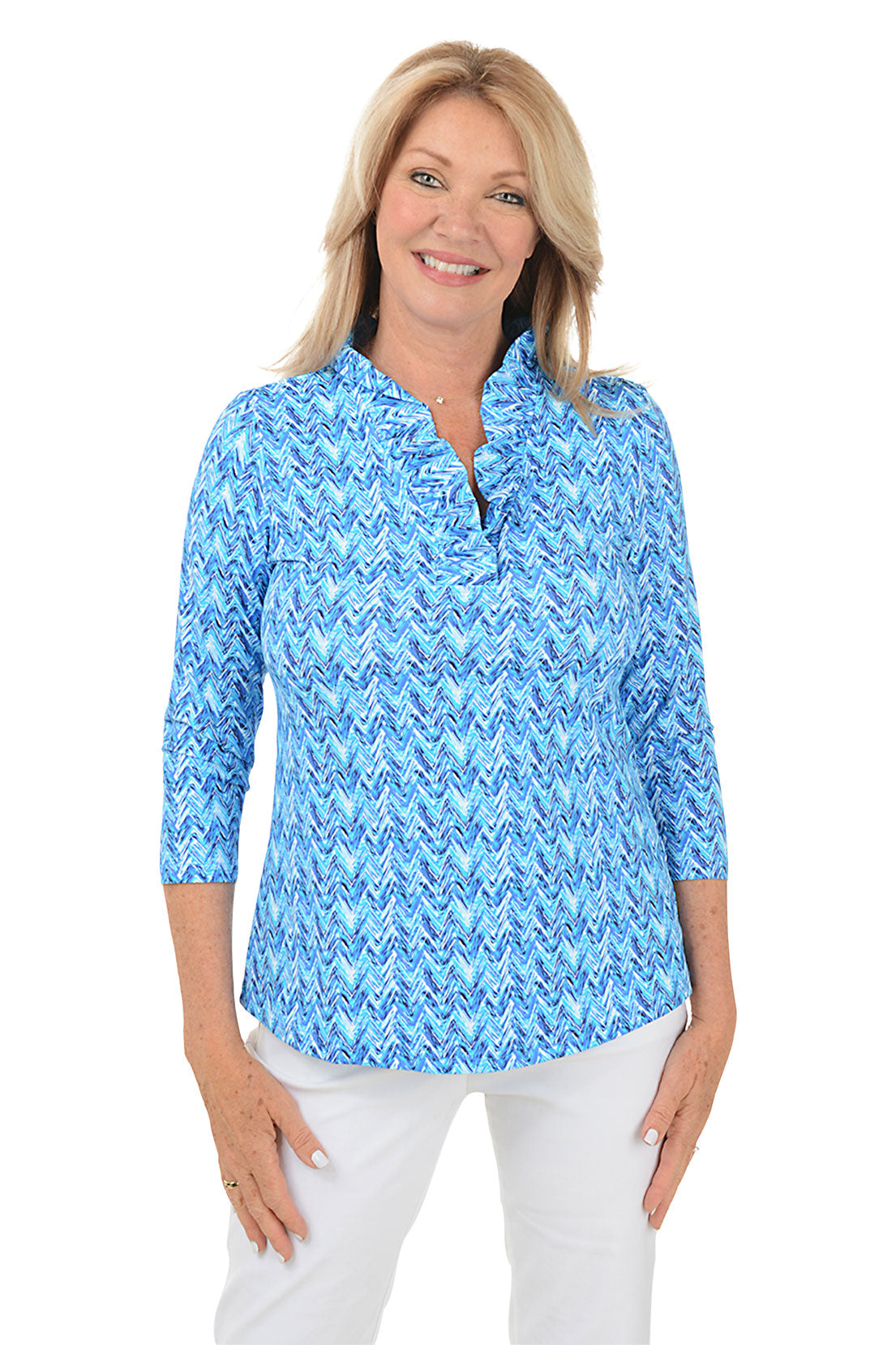 Blue Chevron Ruffle Neck UPF50+ Top