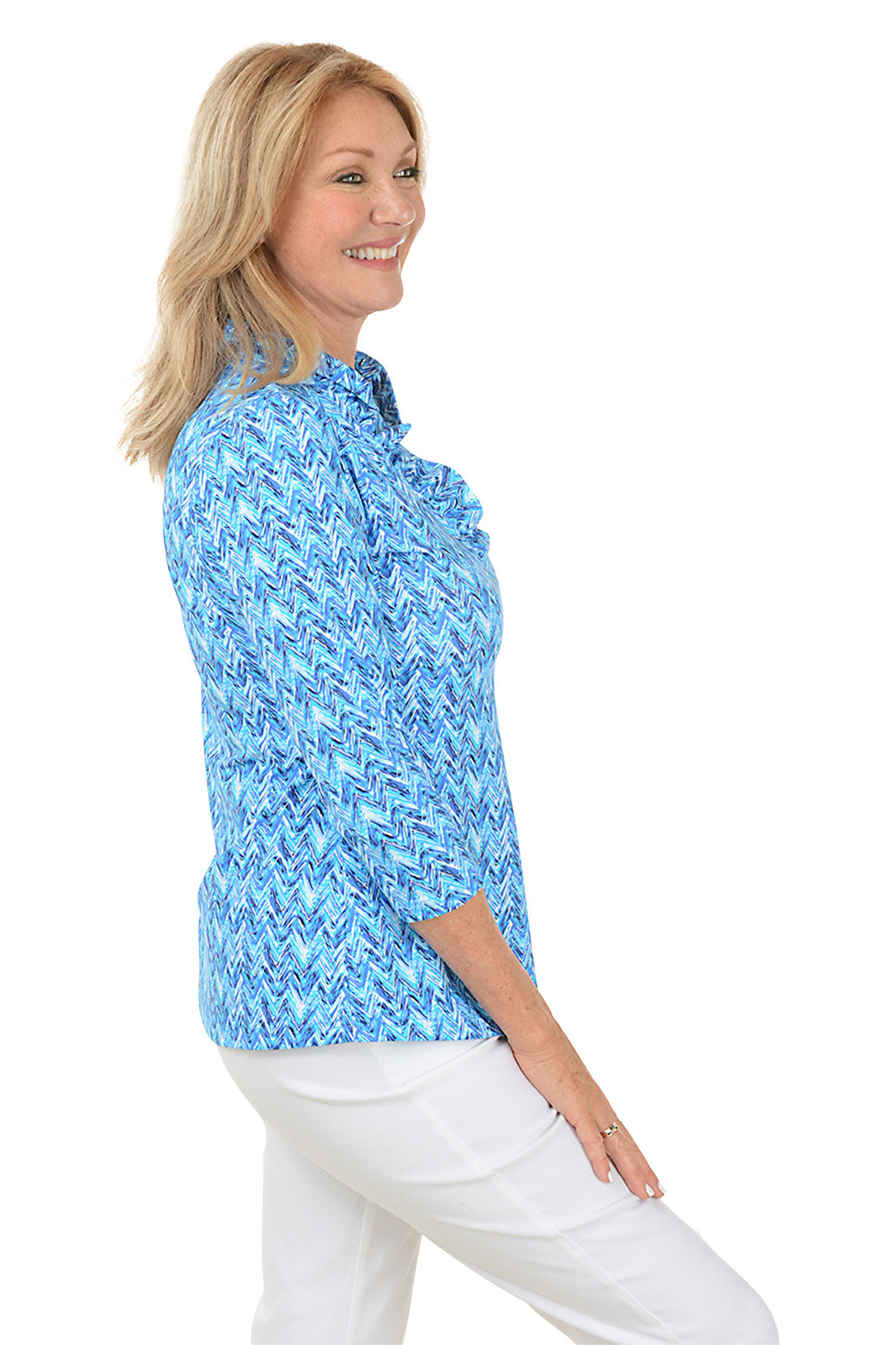 Blue Chevron Ruffle Neck UPF50+ Top