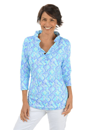 Blue Snake Hearts Ruffle Neck UPF50+ Top