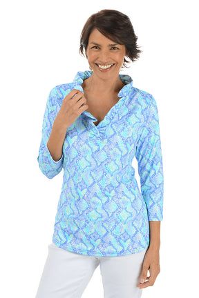 Blue Snake Hearts Ruffle Neck UPF50+ Top