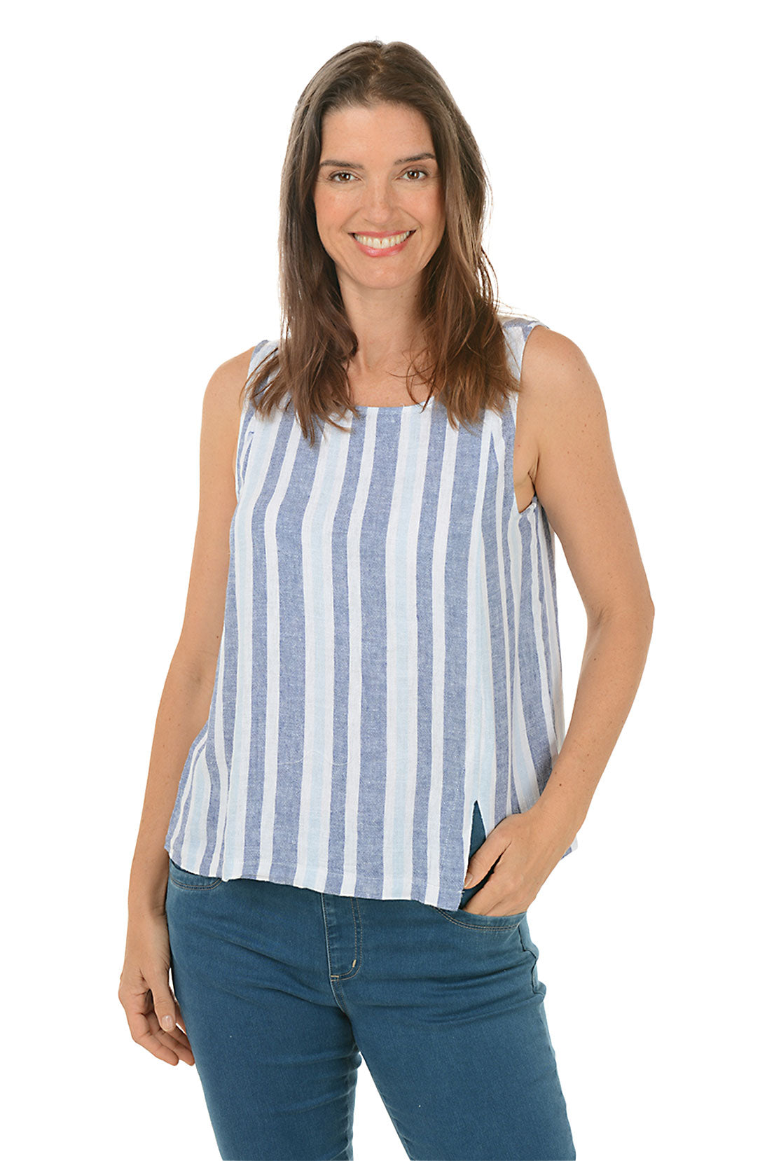 Striped Linen-Blend Sleeveless Blouse