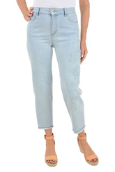 Embroidered Petunia Frayed Denim Ankle Pant