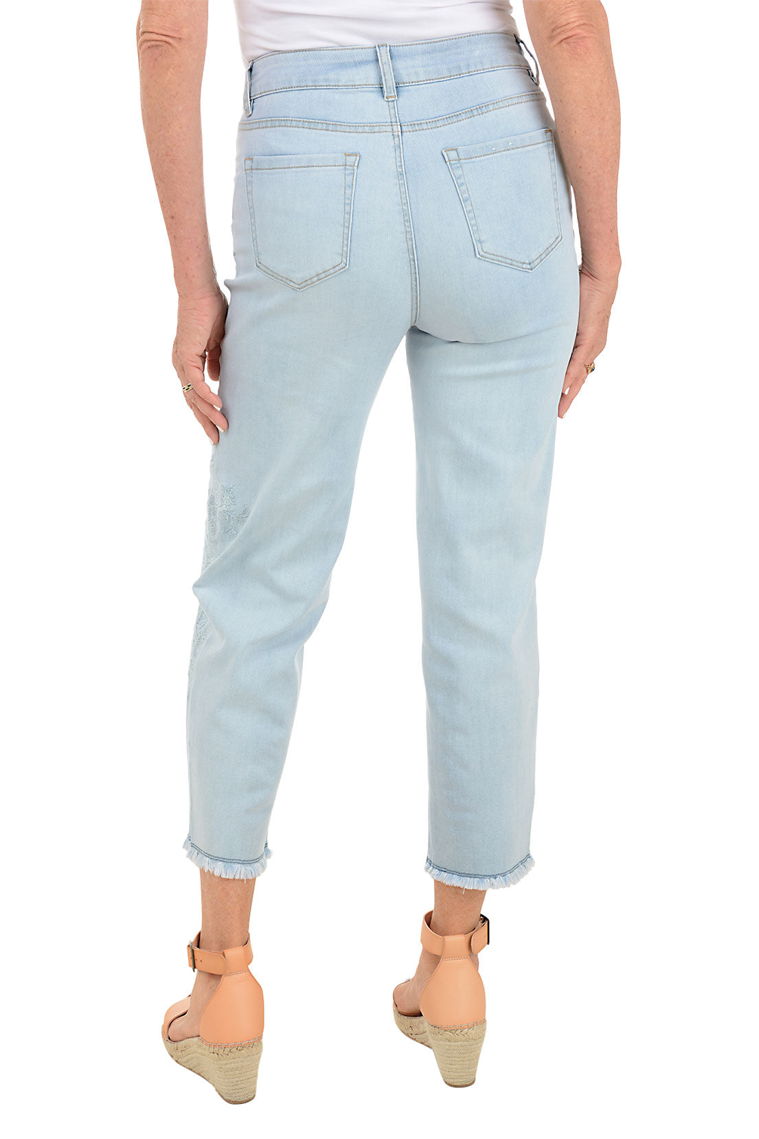 Embroidered Petunia Frayed Denim Ankle Pant