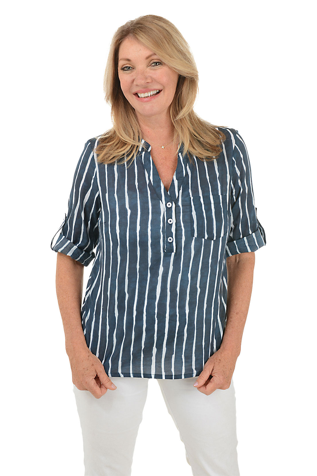 Vertical Stripe Cotton Henley Blouse