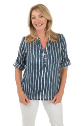 Vertical Stripe Cotton Henley Blouse