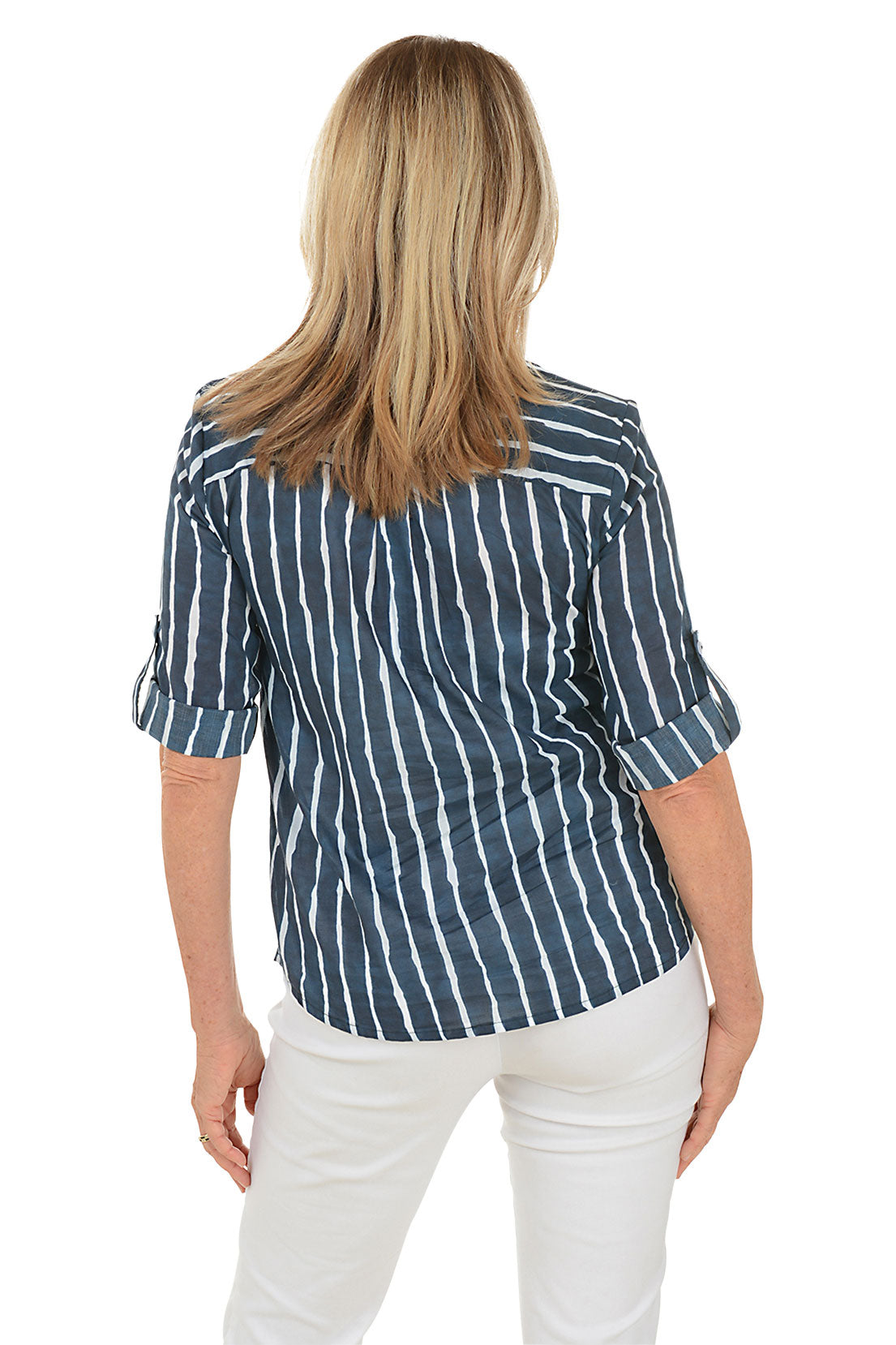 Vertical Stripe Cotton Henley Blouse