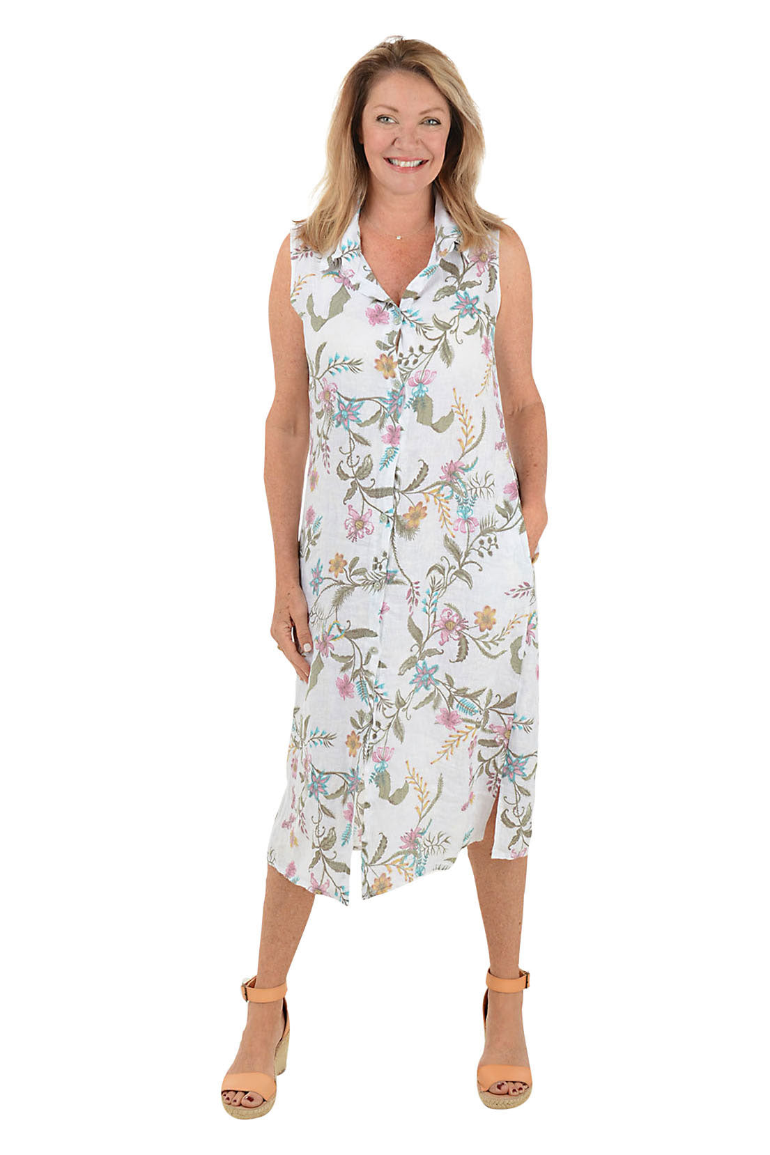 Floral Linen Button-Front Sleeveless Dress