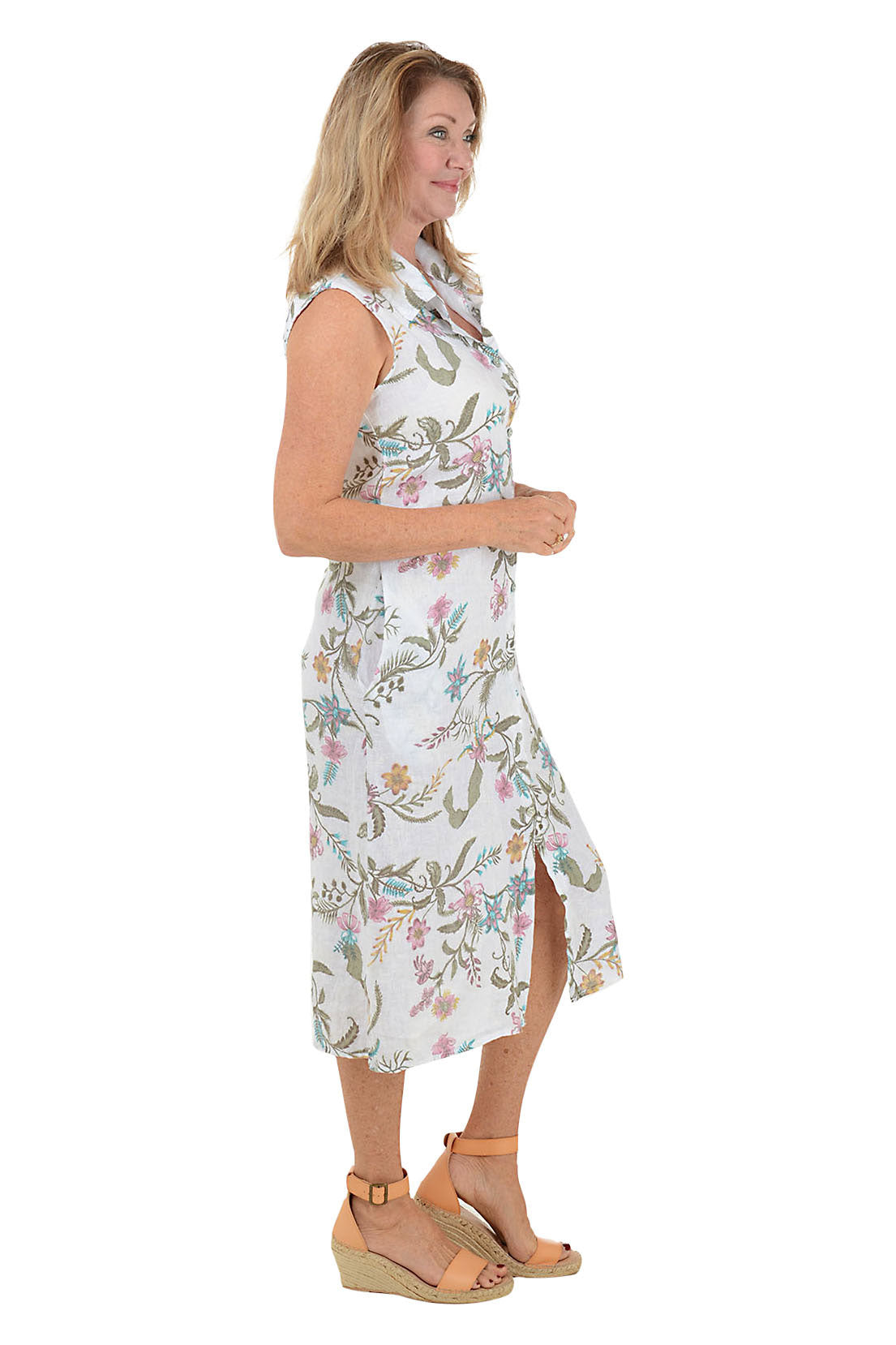 Floral Linen Button-Front Sleeveless Dress