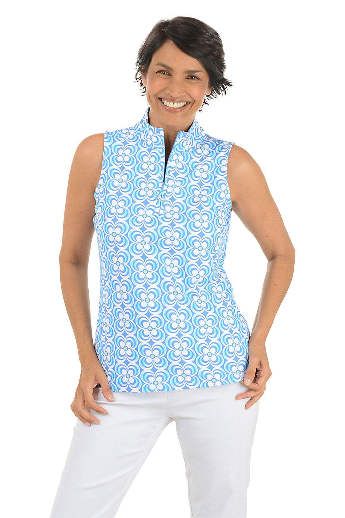 Periwinkle Optical Daisy UPF50+ Sleeveless Zip Top