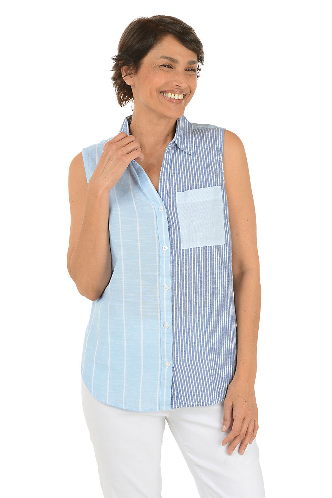 Colorblock Striped Cotton Sleeveless Shirt