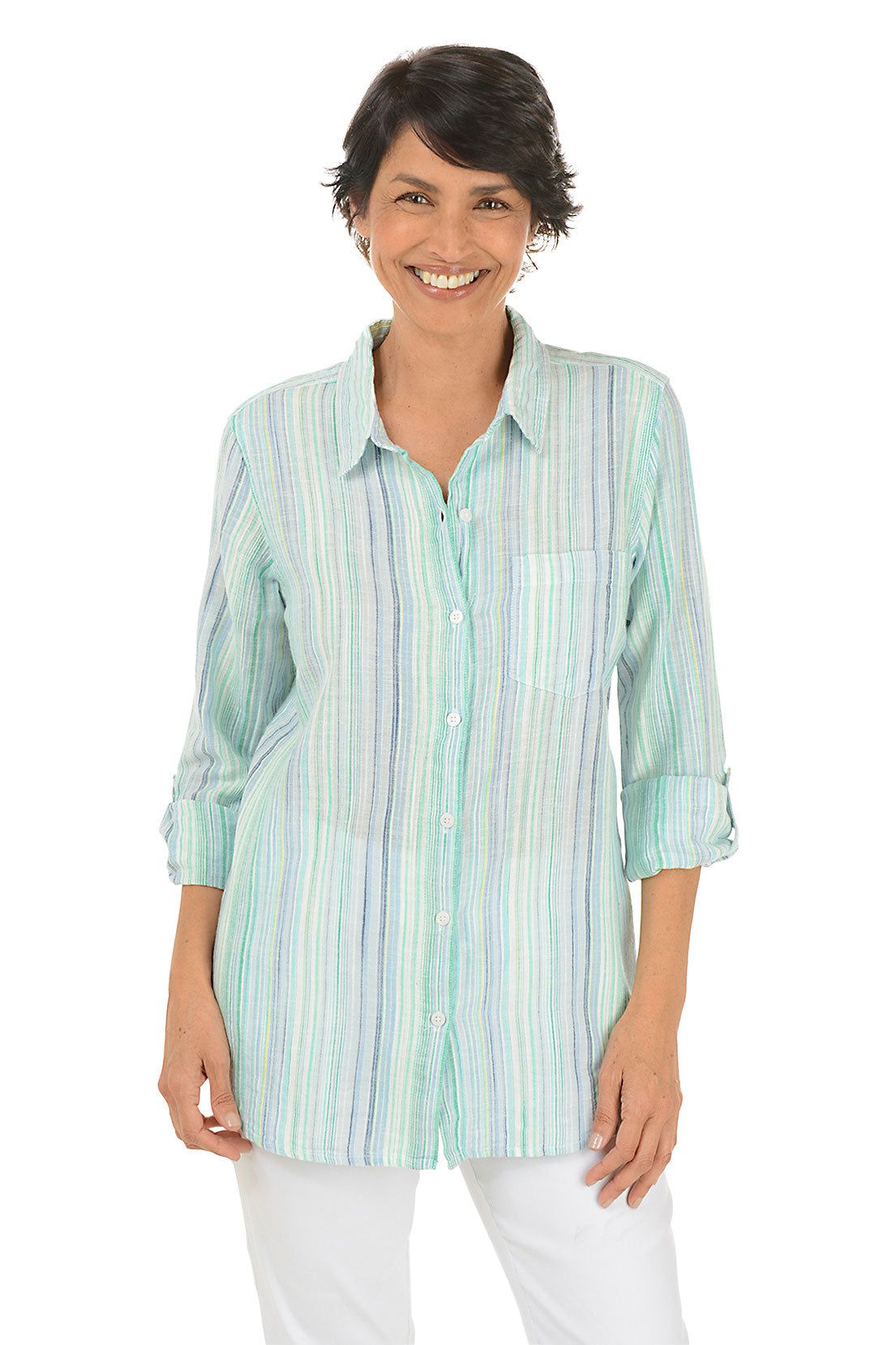 Blue Green Striped Linen-Blend Shirt